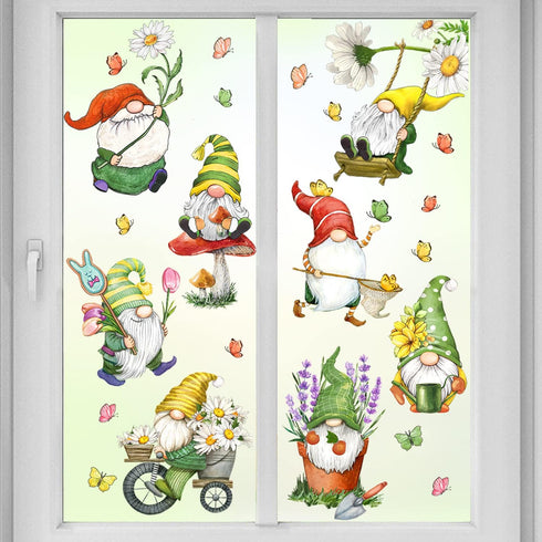 Mfault 9 Sheets Spring Gnomes Flowers Window Clings, Floral Daisy Tulip Lavender Glass Stickers Decals Decorations, Butterfly Mushroom Bicycle Swi...