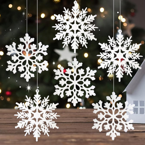 White Snowflake Ornaments, 6 Pack Large Plastic Snowflake Decorations for Christmas Tree, Winter Wonderland...