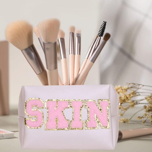 Preppy Patch Cosmetic Toiletry Bag for Women Girls SKIN Letters PU Leather Portable Makeup Bag Zipper Pouch Storage Purse Waterproof Organizer for...