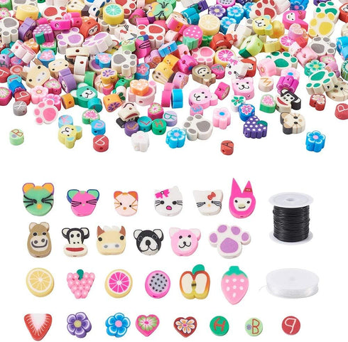 Pandahall 300pcs Fruit Animal Flower Theme Handmade Polymer Clay Beads Set with Bracelet Making Cords & Elastic Beading Wire for Jewelry Necklace ...