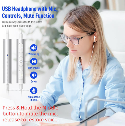 USB Headphone for PC Laptop Magnetic Wired Earbuds Computer Headset with Microphone Control Mute Mic Noise Canceling in-Ear Silicone Cap Corded Ea...