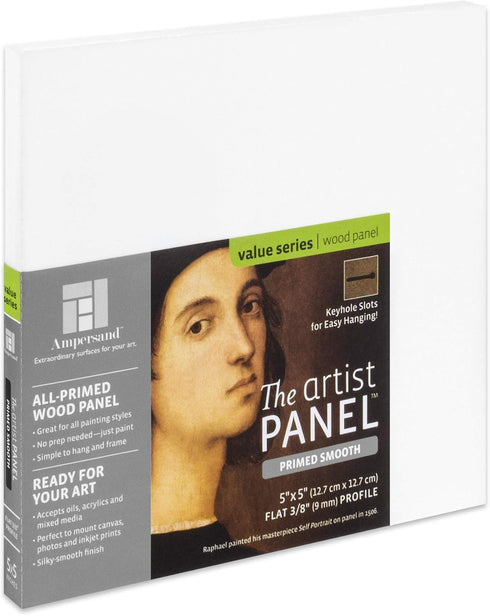 Ampersand Art Supply Wood Gesso Artist Painting Panel: Primed Smooth, 5" x 5", 3/8" Flat Profile...