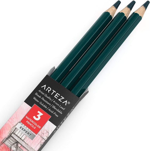 Arteza Professional Watercolor Pencils, Pack of 3, A504 Ocean Blue, Water-Soluble Pencils for Coloring, Blending, Layering & Watercolor Techniques...