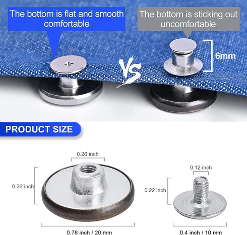 12 Sets Adjustable Buttons for Jeans, 20mm No Sew Instant Metal Buttons, Removable Jean Buttons Replacement Repair Kit with Threads Rivets and Scr...