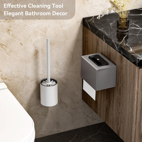 Aluminum Toilet Bowl Brush and Holder Set, Toilet Scrubber with Metal Handle Holder Durable Bristles for Bathroom Cleaning, Wall Mounted Floor Sta...