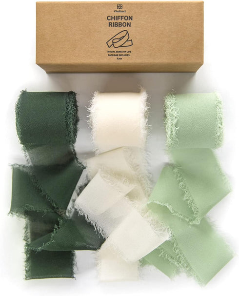 Vitalizart 3 Rolls Handmade Fringe Chiffon Silk Ribbon 1 1/2 Inch x 7Yd Cream & Green Ribbons Set for Wedding Invitations Bridal Bouquets Gifts Wr...