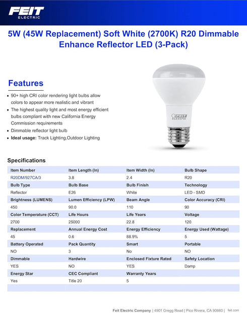 Feit Electric R20 LED Light Bulb, 45W Equivalent, Dimmable, 2700K Soft White, 450 Lumens, 90 CRI, E26 Base, Damp Rated, Recessed and Track Lightin...