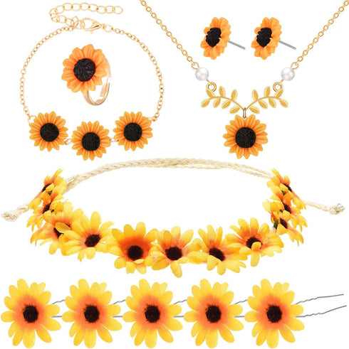 10 Pieces Sunflower Pendant Faux Pearl Chain Necklace Sunflower Charm Bracelet Earrings Ring Sunflower Hair Clip Sunflower Boho Headband Wreath fo...