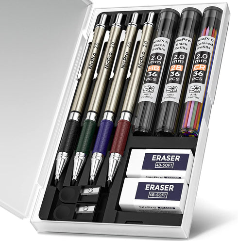 Nicpro 4 PCS Premium 2.0 mm Mechanical Pencils Set, 108 Colored & Black (HB 2B) Lead Refills, Art Metal 2mm Carpenter Pencil with 2 Erasers, 2 Sha...