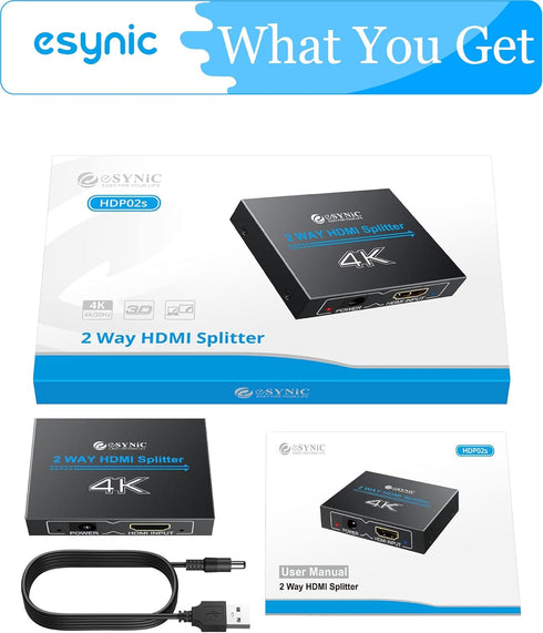 eSynic 4K/30HZ HDMI Splitter 2 Way HDMI Splitter 1 in 2 Out HDMI 1.4 Double Monitors for HDTV PS4 Blu-ray Player Laptop Satellite etc(Not Support ...
