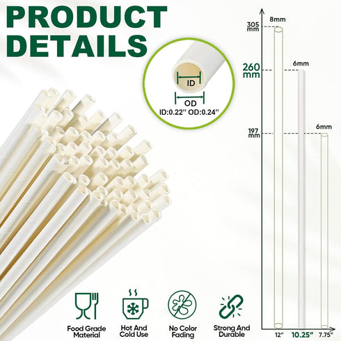 10 Inch Long Paper Drinking Straws, 0.24" Diameter - White, 100 counts...