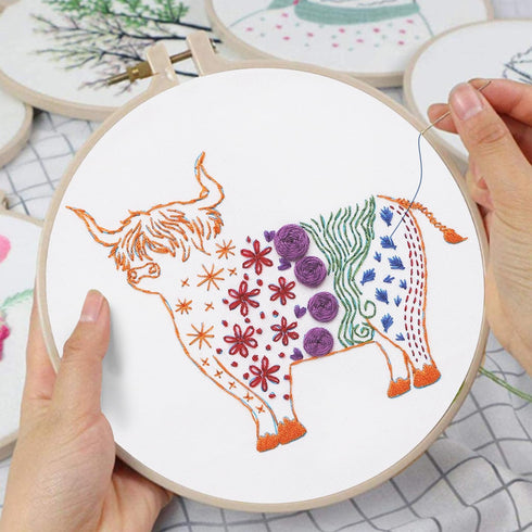 Louise Maelys Beginners Adults Embroidery Kit,Highland Cow pattern Practice kit,Starters cross stitch kit including embroidery cloth,hoop, needles...