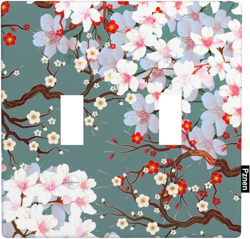 Farmhouse Spring Floral Double Switch Plate Covers Cherry Blossoms And Plum Red Floral Flowers in Green Toggle Light Switch Cover Size 2-Gang for ...