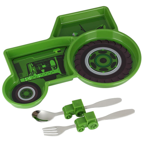 Funwares Green Tractor Engaging Kids' Dinnerware Set: Durable, Divided Plate, Fun Fork and Spoon, Ideal for Picky Eaters, Educational Mealtime, Ea...