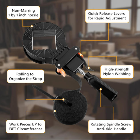 Feekoon Strap Clamps for Woodworking, Quick Release Band Clamps with 4 Corner Claws, Thick and Sturdy Belt Clamps, Adjustable Picture Frame Clamp ...