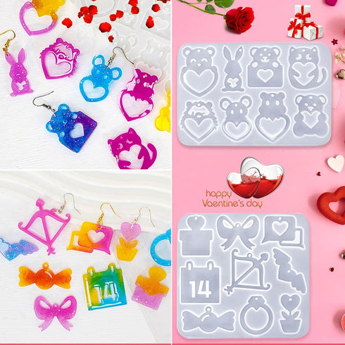 5 Packs Valentine's Day Earring Resin Silicone Molds Kit, Love Heart Shape Resin Mold with 300Pcs Earring Hook Jump Ring for Epoxy Resin Casting D...