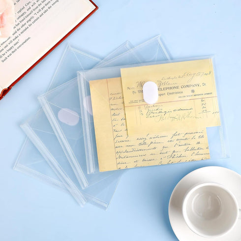 Document Folders, 12 Pack Clear Die & Stamp Storage Bag 7.5 x 5.5 inch Transparent Plastic Envelopes with Closure Waterproof Poly Envelope File Ho...