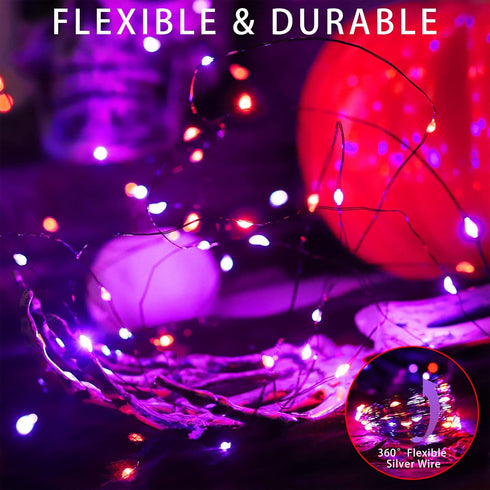 YAOZHOU Halloween Decor Outdoor Solar String Lights, Purple Orange IP67 Waterproof 2 Pack Total 200 LED 66FT 8 Modes Fairy Lights, Outside Fall De...