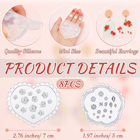 8 Pcs Small Flower Polymer Clay Molds Mini Flower and Leaf Polymer Clay Molds for Jewelry Making Rose Daisy Silicone Molds Earring Clay Cutters Po...