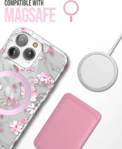 ENCASED Magnetic Case Designed for iPhone 14 PRO with Screen Protector - Compatible with MagSafe Phone Accessories (Pink Flowers)...