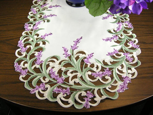 BANBERRY DESIGNS Embroidered Table Runner with Lavender Lilac Flowers on Cream, Approx. 14 by 34 Inch, Machine Washable...