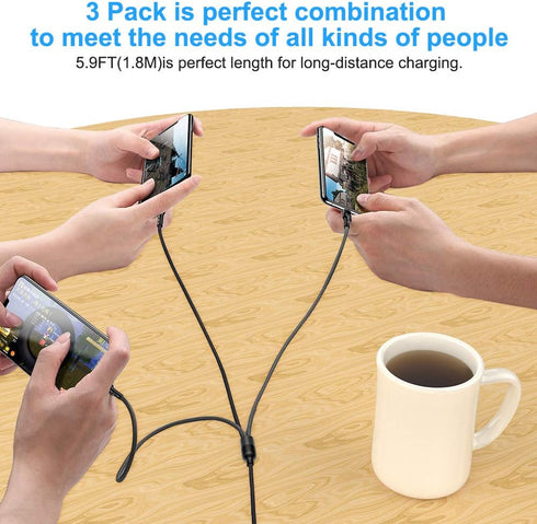 Multi 3 in 1 USB Long iPhone Charging Cable, 1.8M/5.9Ft Nylon Braided Universal Phone Charger Cord USB C/Micro USB/Lightning Connector Adapter for...