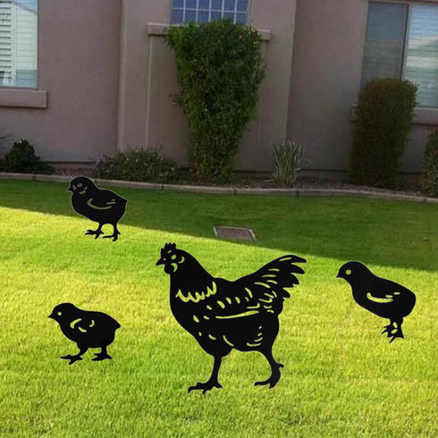 4Pcs Metal Chicken Garden Stakes, Decorative Hen and Chicks Yard Stakes, Metal Animal Yard Decor, Chicken Art Silhouette Statue for Lawn Patio Gaz...