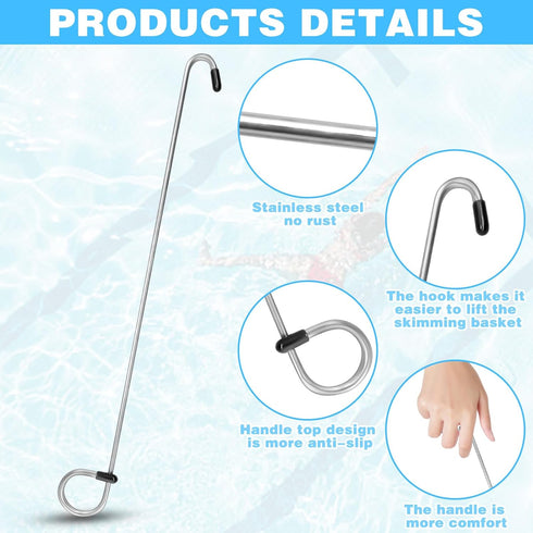 2Pcs Pool Skimmer Hook, Stainless Steel Skimmer Basket Handle Extended Knee Protection Pool Skimmer Basket Hook Tool for Cleaning Swimming Pool De...