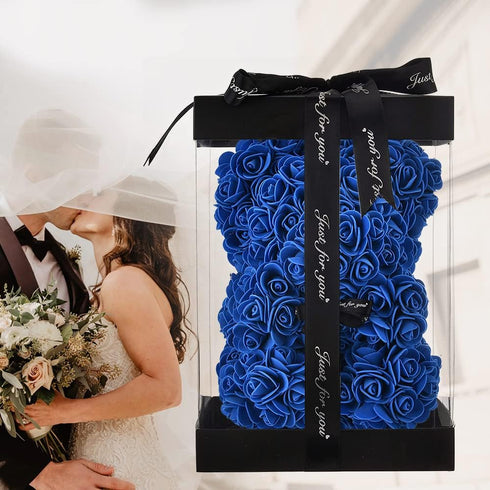 U UQUI Blue Rose Bear Anniversary Flowers Gift for Her, Anniversary Rose Gifts for Wife Flower Bear, Rose Teddy Bear with Box Lights Necklace Ball...