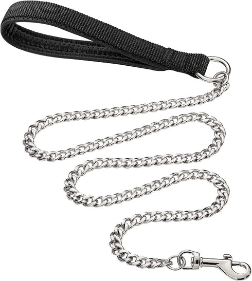 Chain Heavy Duty Metal Dog Leash, 4FTx3mm Chew Proof Pet Leash Chain with Soft Padded Handle for Large & Medium Size Dogs Walking, Training and Tr...