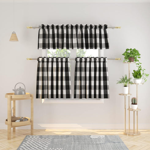 3 Pc Cotton Classic Country Farmhouse Kitchen Window Curtain -Black & White Buffalo Check Tier & Valance Set, 54" x 18" / 27" x 36"...