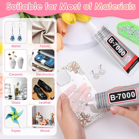 2 x 110ML B7000 Rhinestone Glue with Clear Rhinestone Kit, B-7000 Glue with Flatback Gems Crystal Rhinestones Jewelry Making Tools for Clothes Tum...