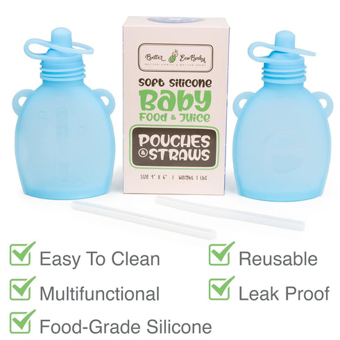 Reusable Baby Food Pouches – 5oz Leakproof Squeezy Self Feeding Toddler Sippy Cup with Straw – Freezable Silicone Breast Milk Storage Feeder Bottl...