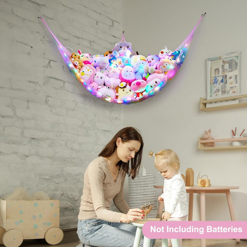 Stuffed Animals Net or Hammock Kids Toy Storage Organizer with LED Light Hanging Corner Stuffed Animals Holder Kids Girls Room Decor (Pack of 1)...