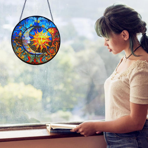 Stained Glass Suncatcher, 8'' Sun and Moon Face Hand-Painted Suncatcher for Window Stained Glass Window Hanging Birthday Gift for Mom Memorial Gif...