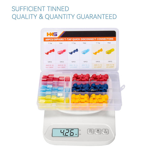HKS 60PCS/30 Pairs T-TAP Wire Connector - Quick Splice Disconnect - Electrical Self-Stripping Terminals Kit Automotive Crimp Insulated...