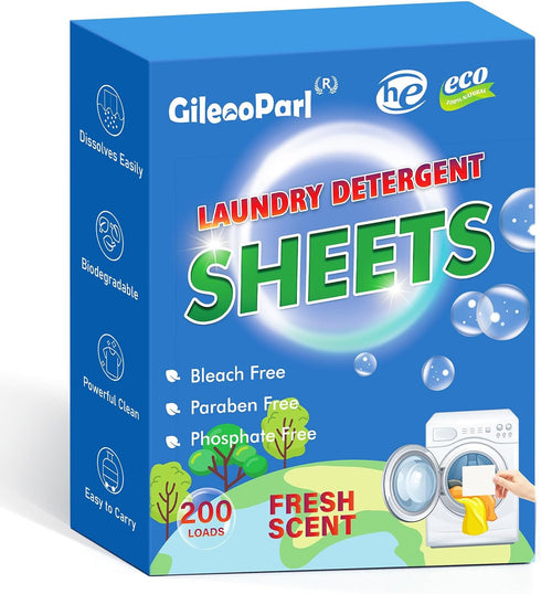 200-loads Eco Laundry Detergent Sheets - Fresh Scent - for Home/Travel/Apartment/Dorm - Gileooparl Plastic Free Liquidless Laundry Detergent Strip...