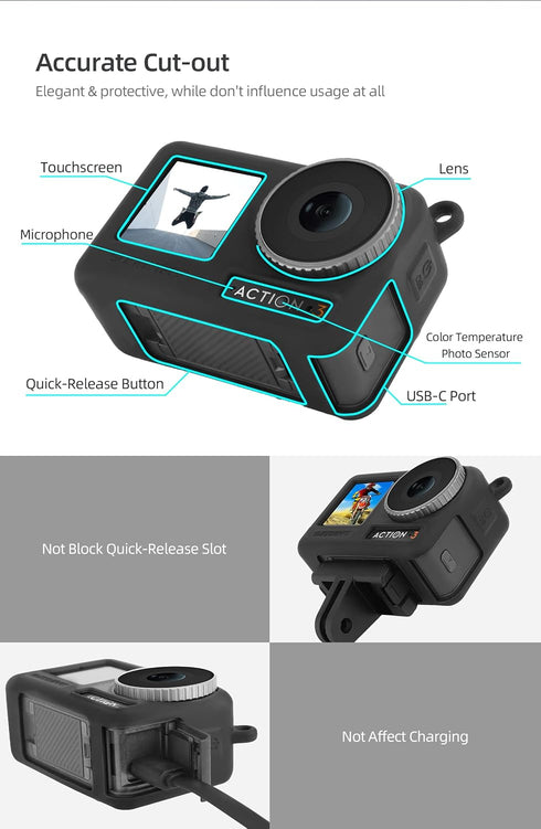 Osmo Action 3/4 Silicone Case Lanyard for DJI Action 4 Camera Accessories with Neck Strap, Waterproof Silicone Protective Case for Insta360 GO 3 C...