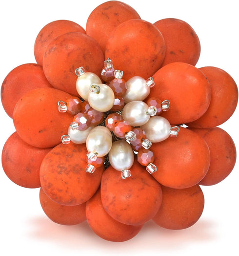 Double Sunflower Dyed Orange Howlite and Cultured Freshwater White Pearl Floral Pin or Brooch...
