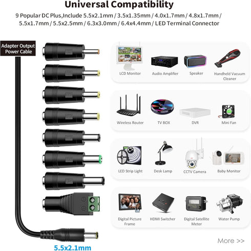 Tonton 12V 1A 10ft AC/DC Long Power Supply Adapter Cord 12W Wall Charger AC 100V-240V to DC 12 Volt with 8 Tips for LED Strip Light, CCTV Camera, ...