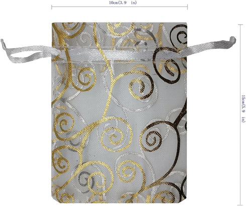 100pcs Sheer Organza Favor Bags For Wedding Baby Shower Rattan Print Gift Bags Samples Display Drawstring Pouches (4x6 inch, white)...