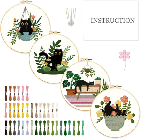 INFUNLY 4 Sets Embroidery kit with Cat Pattern Embroidery Kit for Beginners DIY Beginner Cat Embroidery Set Plant Cat Cross Stitch Kit for Adults ...