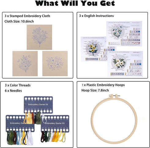 Embroidery Kit for Beginners,Cross Stitch Kits for Adults DIY Craft 3pcs Embroidery Pattern Needlework Fabric Embroidery Thread and Needles 1pcs E...