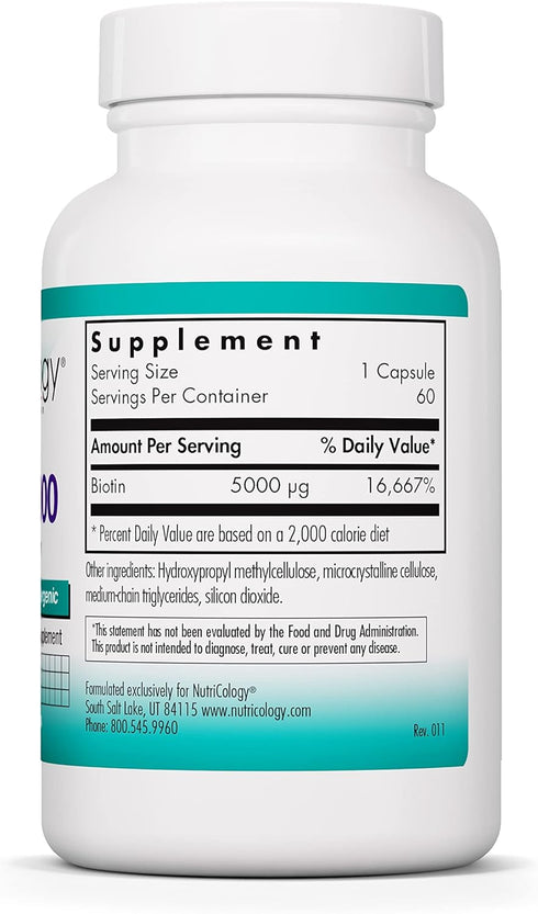 Nutricology Biotin 5000 Supplement - 5000mcg Biotin, Vitamins for Hair, Skin and Nails, High Dose, Vegetarian Capsules, Hypoallergenic, Gluten Fre...