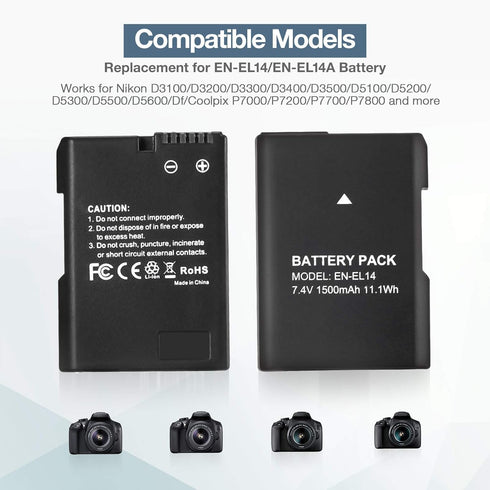 EN-EL14 EN EL14A Battery 2-Pack 1500mAh Li-ion Batteries Compatible with Nikon D3100 D3200 D3300 D3400 D3500 D5100 D5200 D5300 D5500 D5600 DF Cool...