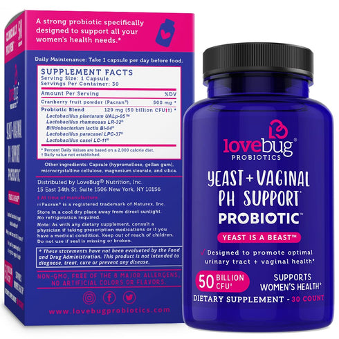 Lovebug Yeast + Vaginal pH Support | Clinically Studied Ingredients for Yeast & UTIs | Multi Strain 50 Billion CFU | 30 Capsules...