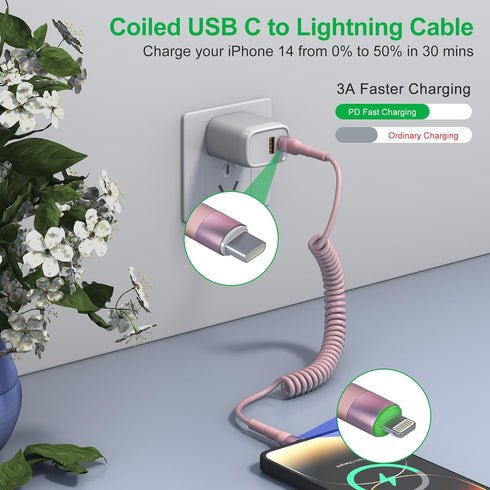 Coiled USB C to Lightning Cable 3Ft, Short USB C iPhone Cord Coiled iPhone Charger for Car Apple CarPlay, Pink with Data Sync & LED...