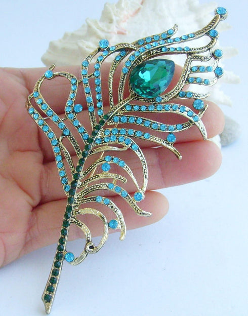 Sindary 4.92" Rhinestone Crystal Peacock Feather Brooch Pin Pendant BZ5860...
