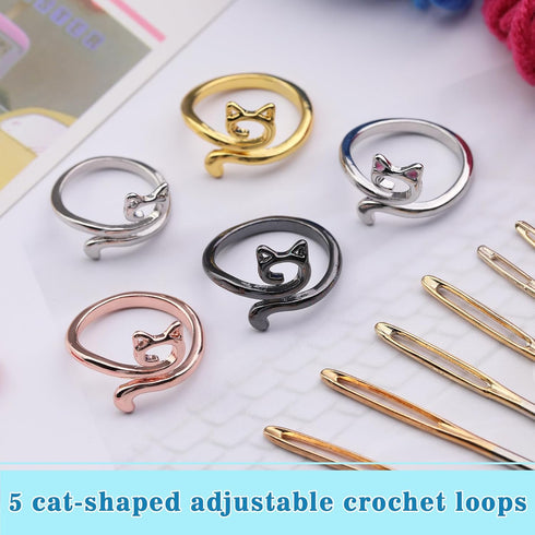 FOUSNOW 5 Pcs Crochet Ring, Adjustable Knitting Tension Rings, Finger Loop, Cat Yarn Guide Knitting Thimble, Faster Knitting Crochet Accessories f...
