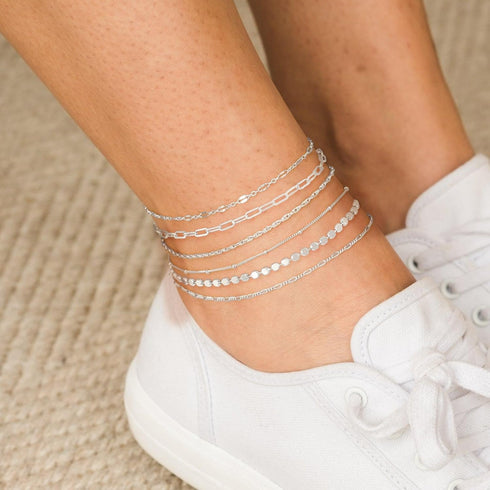 Tewiky Dainty Silver Ankle Bracelets for Women Waterproof, S925 Sterling Silver Anklets Layered Cuban Chain Herringbone Beaded Blocks Anklets Set ...